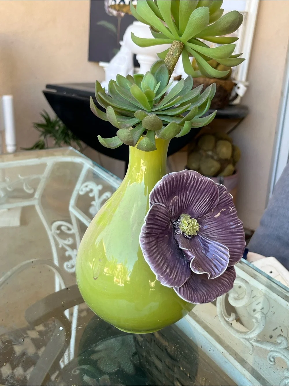 Home Accents Green Ceramic Vase with Purple Flower Accent